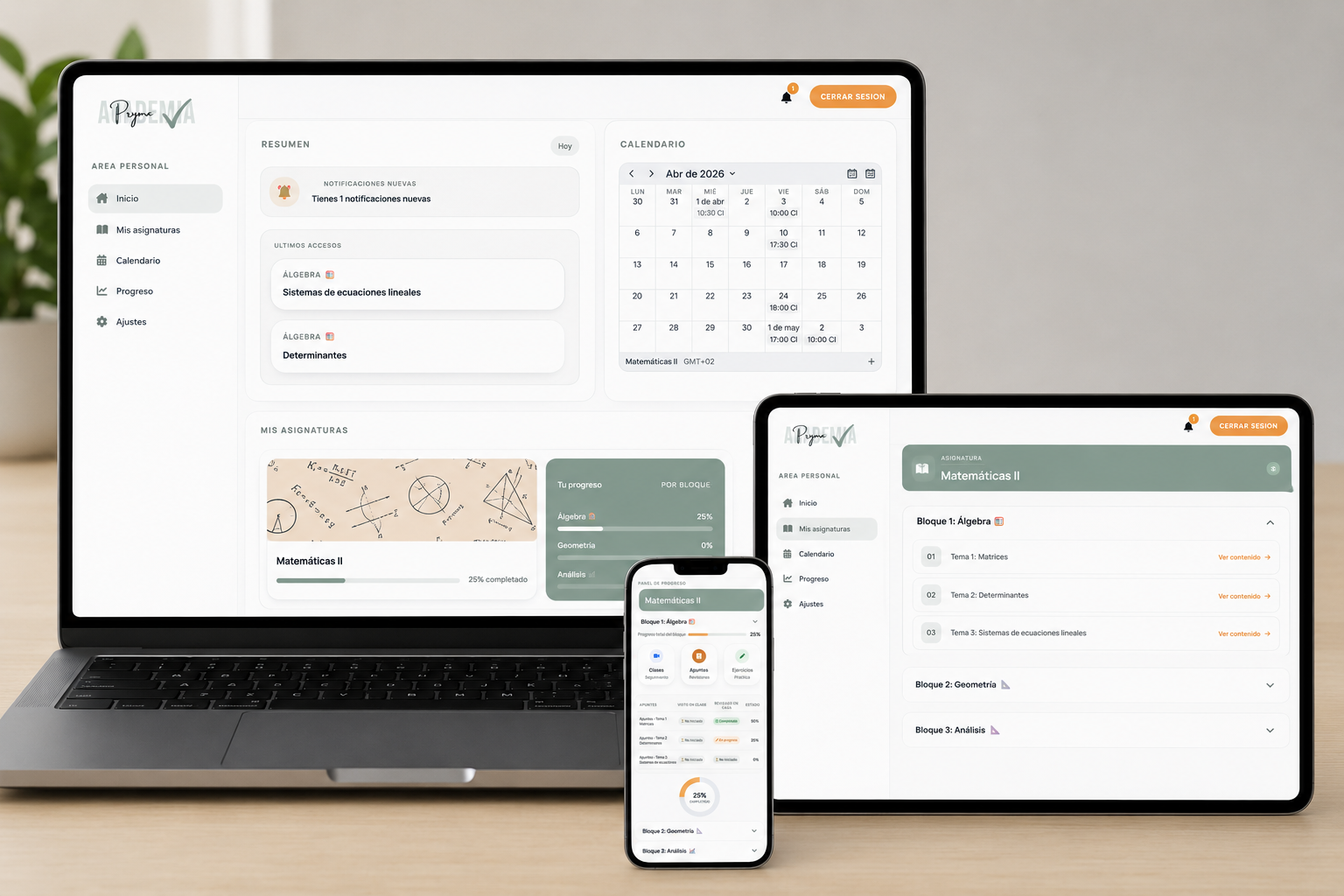 El área personal de Academia Pryma en portátil, tableta y móvil